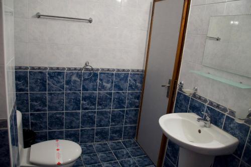 奥布佐尔Bisser Obzor的蓝色瓷砖浴室设有水槽和卫生间