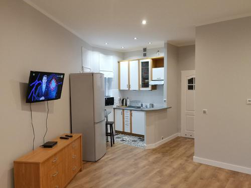绿山城Green Yew Apartment的厨房配有冰箱和电视桌。