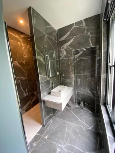 蒙莫朗西LA VILLA AUBIN belle demeure avec vue sur Paris的一间带水槽和淋浴的浴室