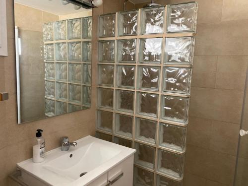 多列毛利诺斯Apartamentos SOL y PLAYA Torremolinos的一间带水槽和玻璃墙的浴室
