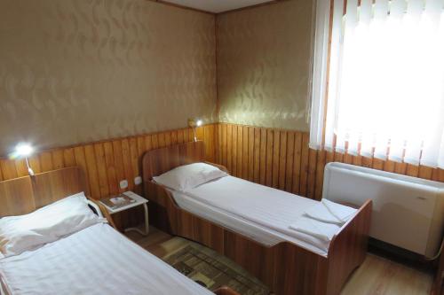 苏利纳Hotel Plutitor Carpatia St. Constantin的小房间设有两张床和窗户
