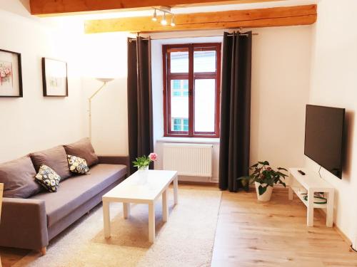 伊赫拉瓦Apartmán 2KK Sauna and Aromatherapy的带沙发和电视的客厅