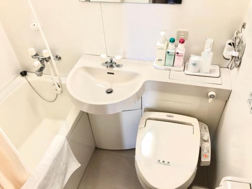 高冈市朝日市客栈酒店的一间带卫生间和水槽的小浴室