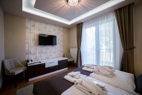 班斯卡 - 什佳夫尼察Hotel DARO的酒店客房设有两张床和电视。