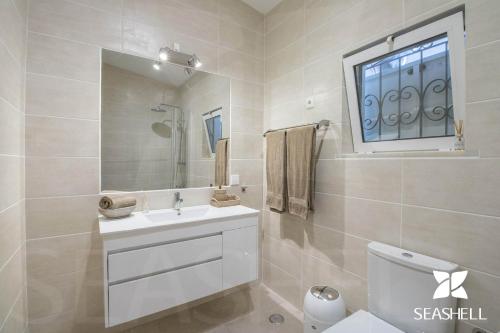 圣布拉什迪阿尔波特尔Casa Caribe的一间带水槽、镜子和卫生间的浴室