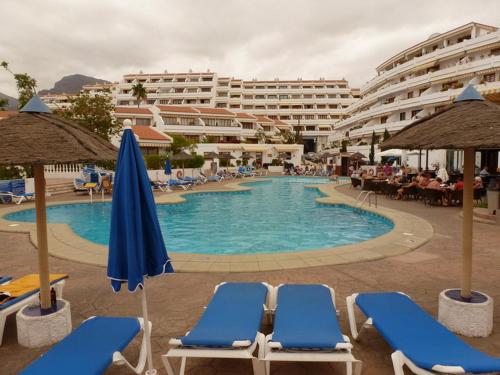 美洲海滩Nice apartment on Las Americas Beach的一个带躺椅的游泳池和一间酒店