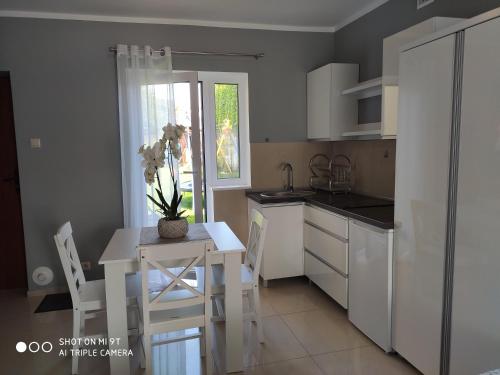 尤斯托尼莫斯基Apartamenty i Pokoje Biala Hortensja的厨房配有桌子和白色的桌椅
