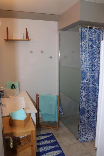 布尔日Le studio de Manoline的一间带玻璃淋浴和水槽的浴室