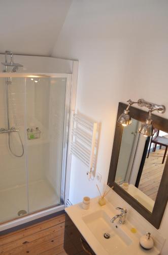 埃特勒塔Stella Etretat的带淋浴、盥洗盆和镜子的浴室