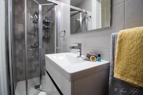 MġarrMgarr Waterfront Cosy Apartment 3 by Ghajnsielem Gozo的白色的浴室设有水槽和淋浴。