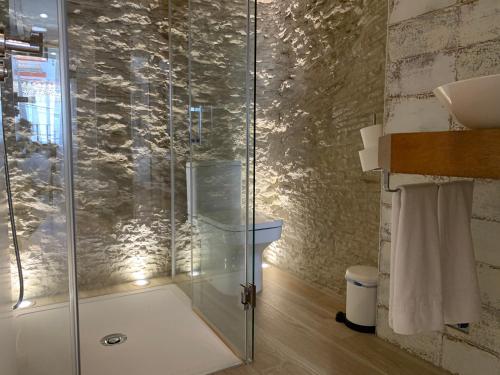 塞特尼尔Casa Cueva El Puente的浴室里设有玻璃门淋浴