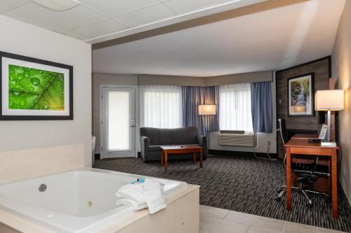 鸽子谷双山套房酒店的带浴缸和书桌的酒店客房