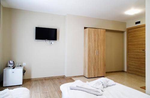 扬博尔family hotel - City hotel yambol的卧室配有一张床,墙上配有电视。