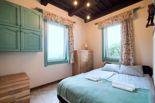 许迈格Tér Pince的一间卧室设有一张床和两个窗户。