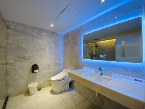 台中市台中丰禾行旅的一间带水槽、卫生间和镜子的浴室