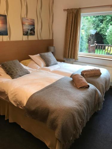 Great EcclestonMerok Lodge的卧室设有两张大床,卧室设有窗户