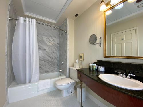 格林维尔General Morgan Inn的一间带水槽、卫生间和淋浴的浴室