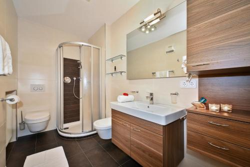 瓦尔奥纳的圣乔凡尼AlpenChalet Niederkofler的一间带水槽、淋浴和卫生间的浴室