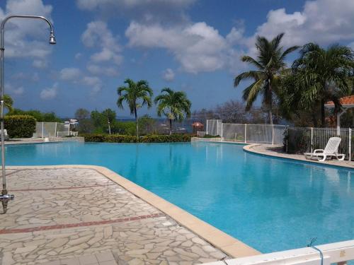 圣安娜La Martiniquaise的一个带椅子和棕榈树的大型游泳池