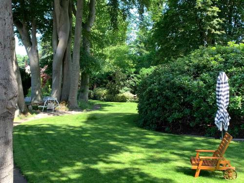 拉奥德芬Ferienwohnung Alte Fehnapotheke, 95144的草地上带椅子和遮阳伞的院子