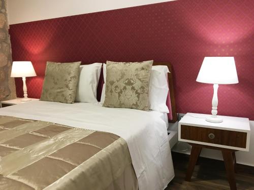 拉梅戈Apartamento da Seara "Lamego"的一间卧室配有一张床和两张台灯。