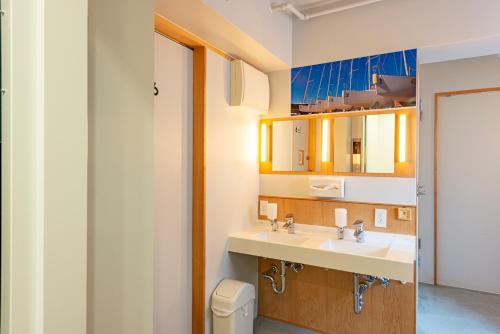 东京plat hostel keikyu asakusa station的一间带水槽、卫生间和镜子的浴室