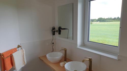 布兰肯海姆Eifelpension-Radlertraum的一间带两个盥洗盆和窗户的浴室