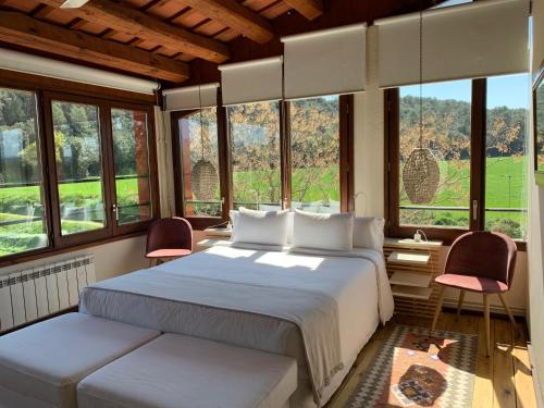 EspinavesaHotel Masia La Palma的一间卧室配有一张带两把椅子的床和窗户。