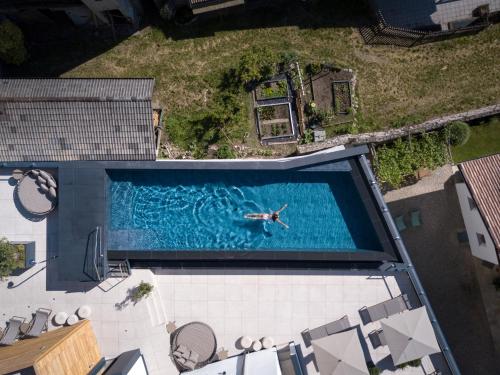 帕尔奇内斯Alpin & Stylehotel Die Sonne的游泳池游泳者上方的景致
