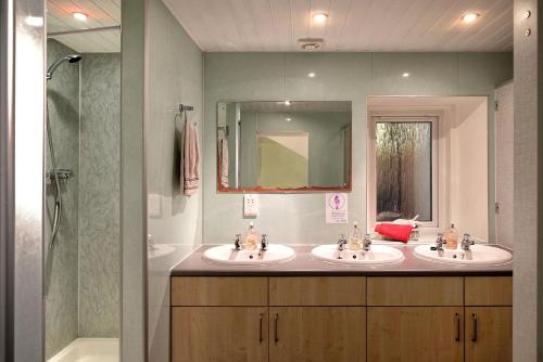 德拉姆纳德罗希特尼斯湖背包客山林小屋旅舍的一间带两个盥洗盆和淋浴的浴室