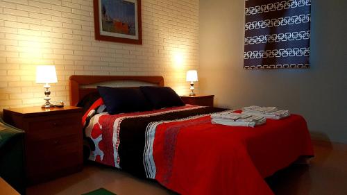 卡尔达斯·德·雷斯Apartamento Loft II Select Real Caldas de Reis的一间卧室配有一张带红毯的床和两盏灯。