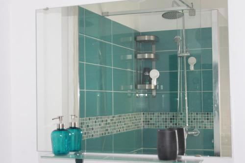 布加勒斯特STUDIO TURQUOISE Victoria的绿色瓷砖浴室设有淋浴和镜子