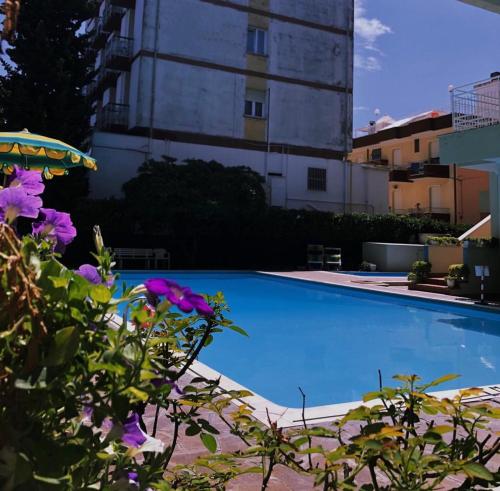 里米尼苏西酒店的一座在建筑前方的紫色花的游泳池