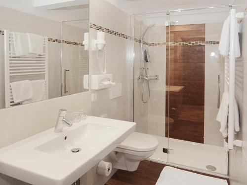 林茨阿德勒戈尔登酒店的浴室配有卫生间、盥洗盆和淋浴。