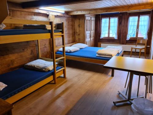朗瑙艾蒙旅舍的客房设有两张双层床和一张桌子。