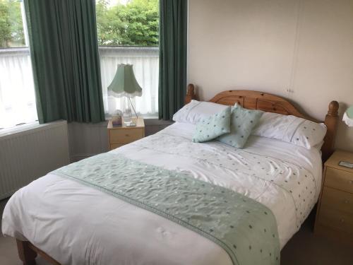 甘尼斯莱克Drakewalls Bed And Breakfast的卧室配有白色的床、绿色窗帘和窗户