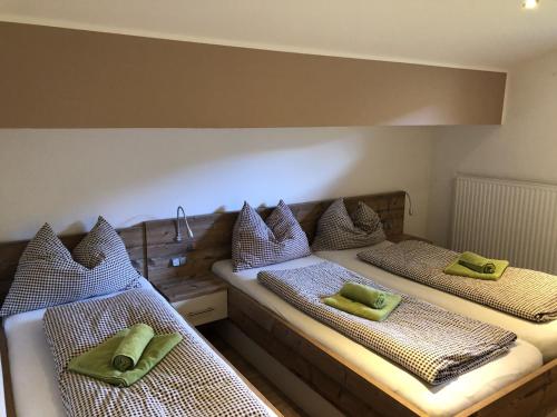 拉德施塔特上蒂芬巴公寓的客房内的两张床和绿色枕头