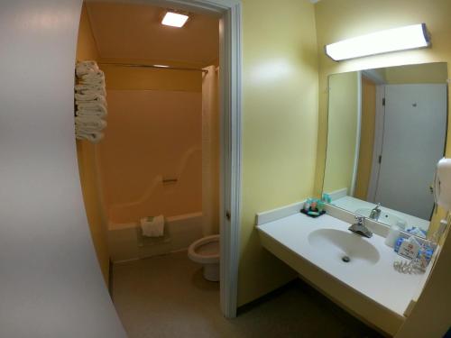 West BrookfieldCopper Lantern Motor Lodge的一间带水槽、卫生间和镜子的浴室