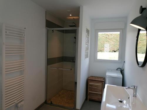 PlourhanLes gîtes aux portes de Saint-Quay-Portrieux的带淋浴、盥洗盆和镜子的浴室