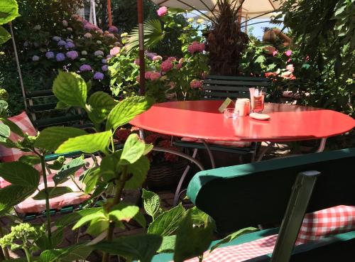 罗尔沙赫莫扎特酒店的花园里的红色桌子,种有植物和花卉