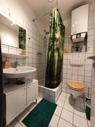 比勒费尔德Zentrales Dachgeschoss-Apartment Bielefeld的一间带水槽、卫生间和淋浴的浴室