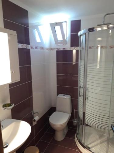 奈德里Nidri Studios Apartments的浴室配有卫生间、盥洗盆和淋浴。