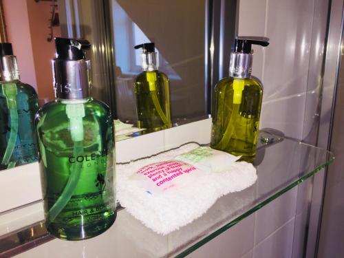 伍斯特Shrubbery Guest House的浴室的柜台上放了三瓶肥皂