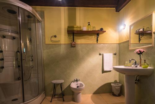 圭梅斯Posada Camino del Norte的带淋浴、盥洗盆和卫生间的浴室