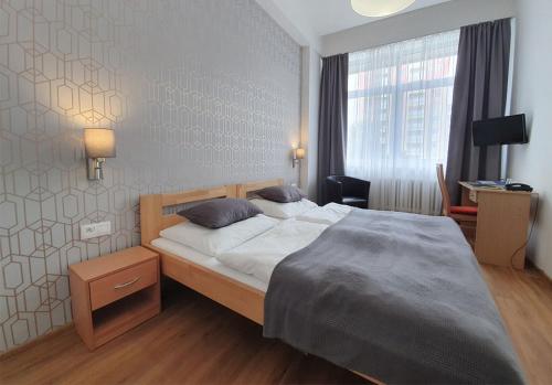 斯皮什新村普利维扎酒店的一间卧室配有一张床、一张书桌和一个窗户。