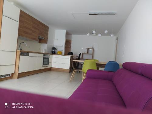 布列瑟农Appartement Nadia的一间带紫色沙发的客厅和一间厨房