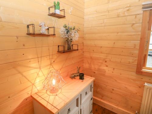 班戈Bryn Derwen Lodge的浴室设有木墙和带水槽的台面。