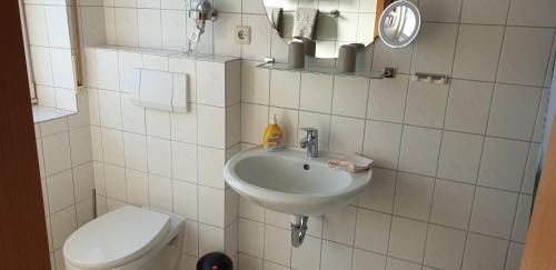 甘德尔克塞Gästehaus Strudthoff的一间带水槽和卫生间的浴室