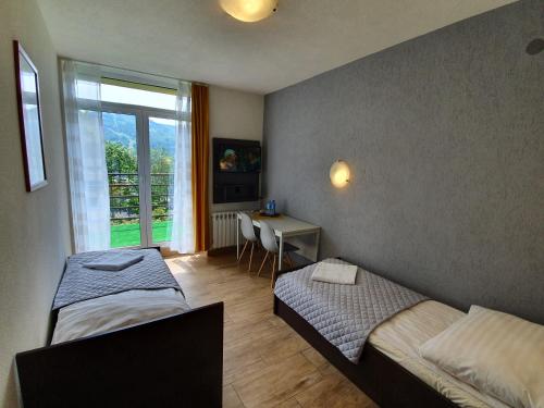 什切尔克Willa Orle Gniazdo的客房设有两张床、一张桌子和一扇窗户。