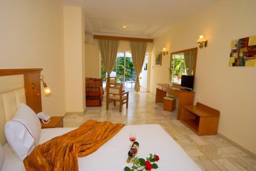 尼基季博尔费海滩度假酒店的一间卧室设有一张床和一间客厅。
